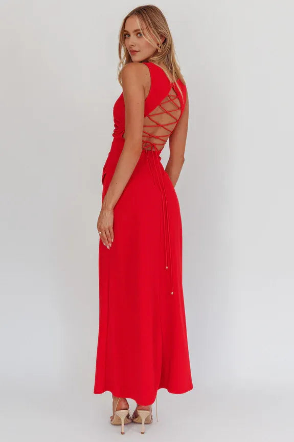 Casual A-line Round Neck Lace-Up Back Red Maxi Homecoming Dress Prom Dress