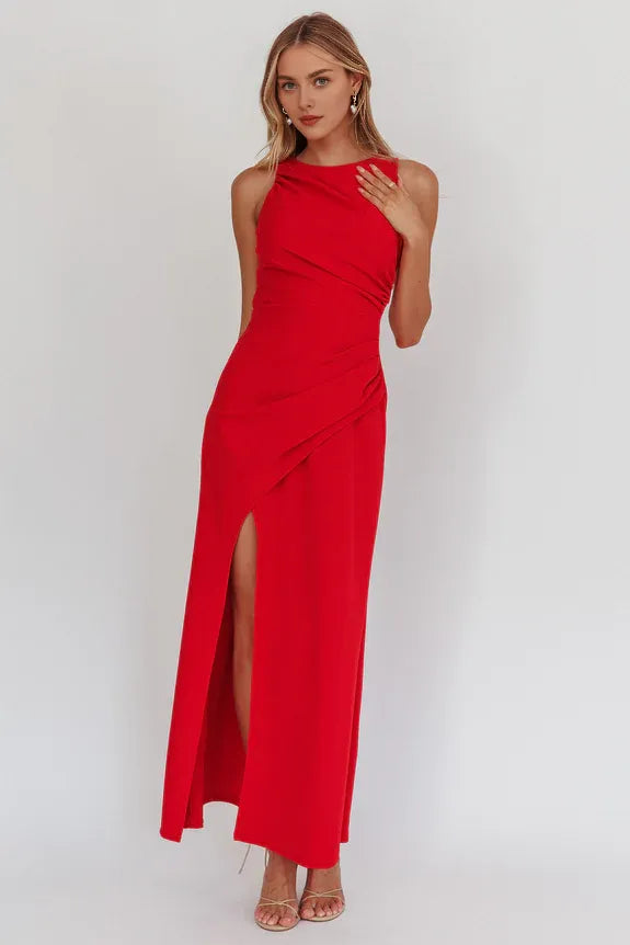 Casual A-line Round Neck Lace-Up Back Red Maxi Homecoming Dress Prom Dress
