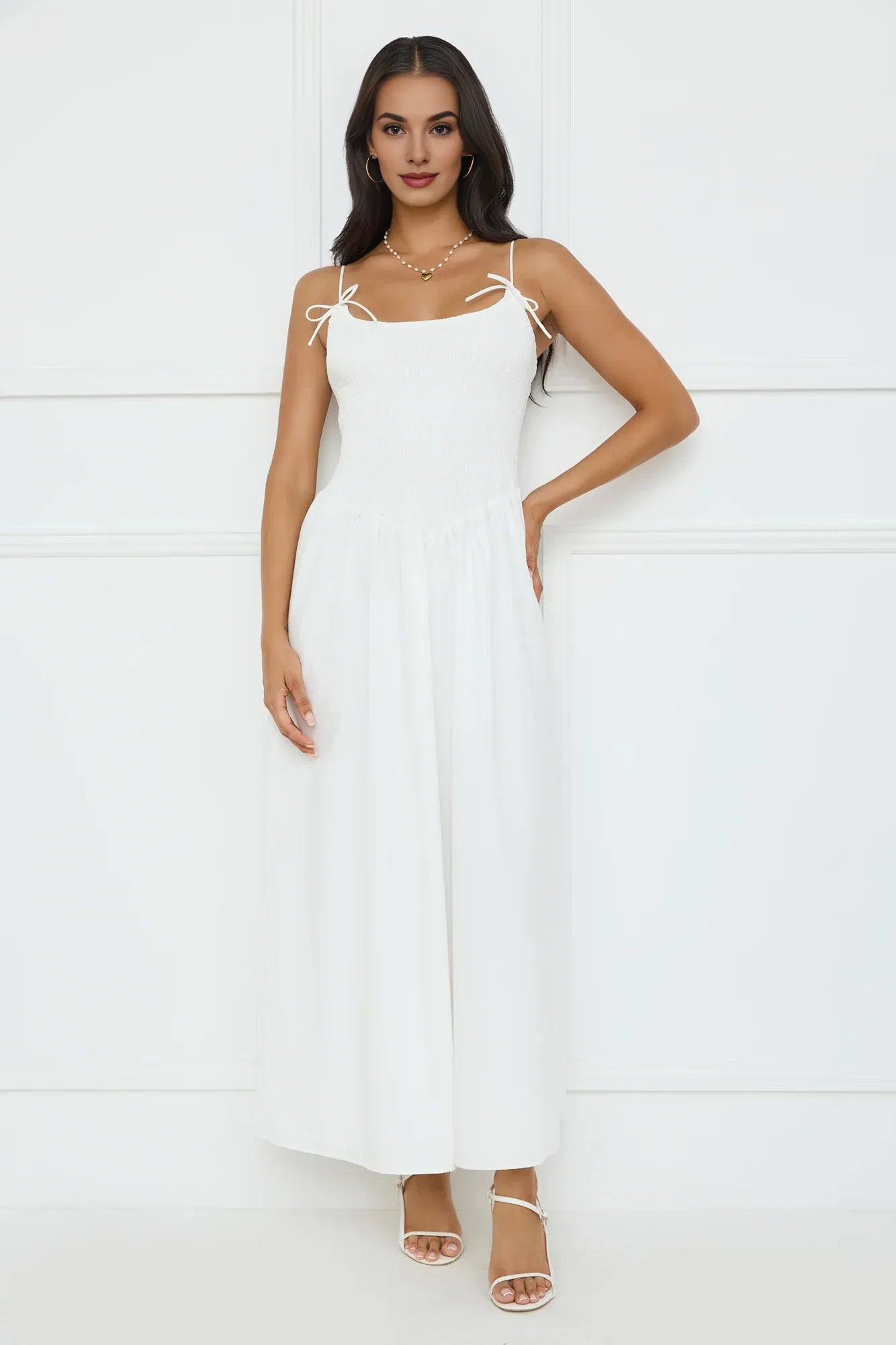 Casual A-line Spaghetti Straps Pleated White Maxi Prom Dress With Bow For Sale