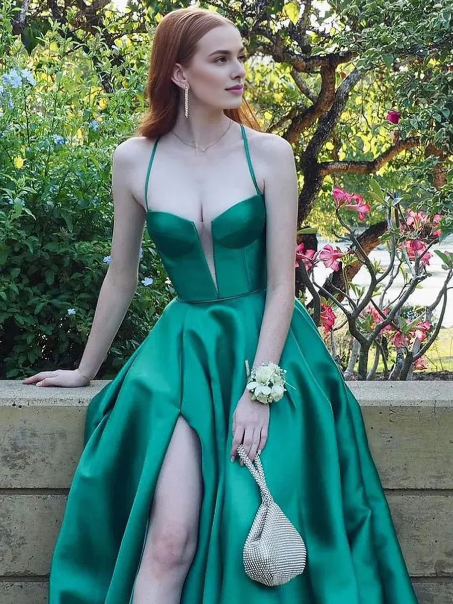 Casual A Line Sweetheart Satin Hunter Green Long Prom Dress With Slit