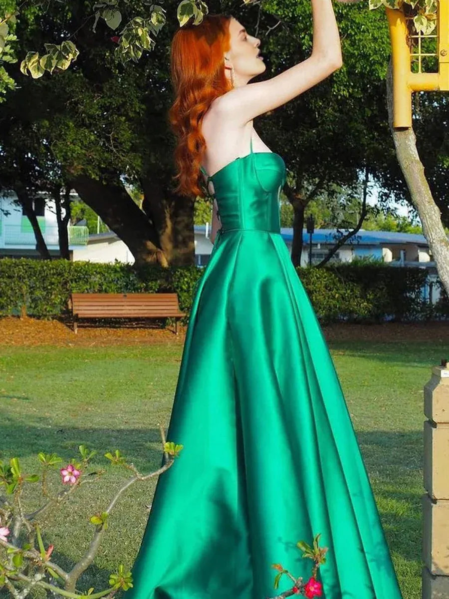 Casual A Line Sweetheart Satin Hunter Green Long Prom Dress With Slit