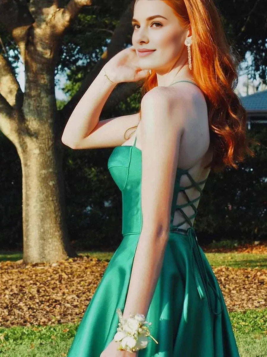 Casual A Line Sweetheart Satin Hunter Green Long Prom Dress With Slit