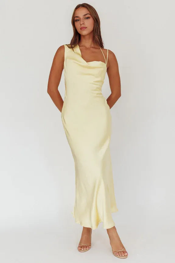 Casual Asymmetric Cowl Neck Butter Maxi Homecoming Dress Prom Dress