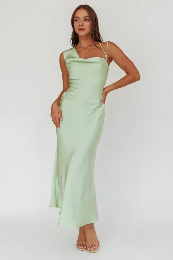 Casual Asymmetric Cowl Neck Leaf Green Maxi Homecoming Dress Prom Dress
