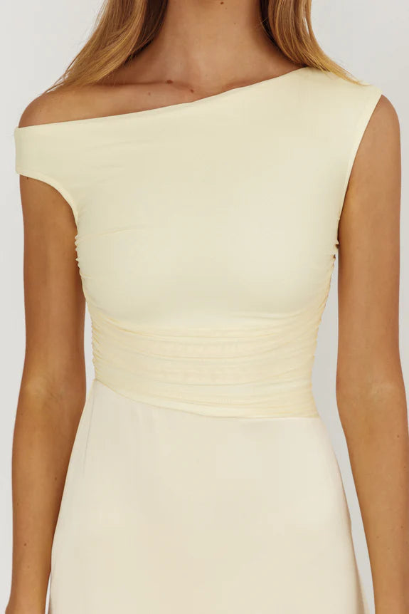 Casual Asymmetric Neck Pleated Satin Butter Maxi Prom Dress With Ruffle Slit