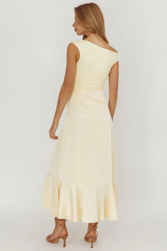 Casual Asymmetric Neck Pleated Satin Butter Maxi Prom Dress With Ruffle Slit