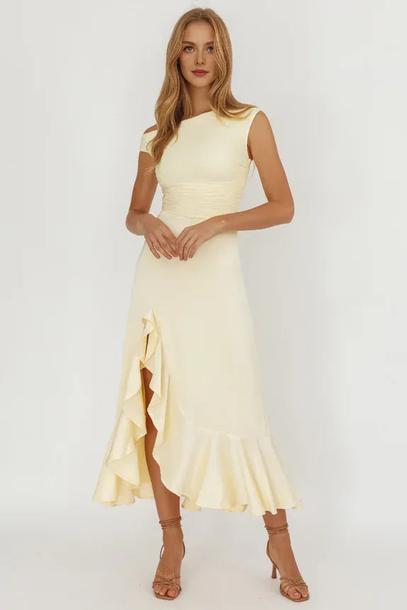 Casual Asymmetric Neck Pleated Satin Butter Maxi Prom Dress With Ruffle Slit