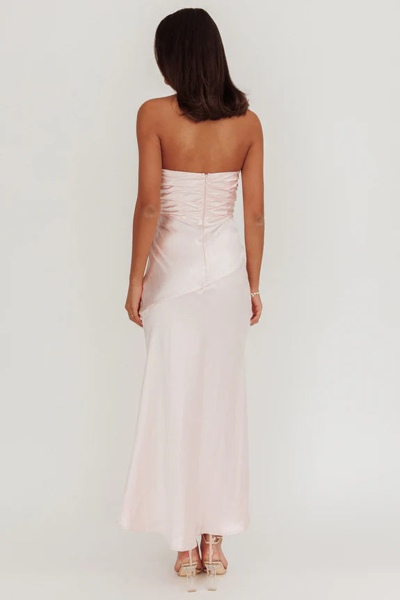 Casual Asymmetric Neckline Pleated Pink Maxi Homecoming Dress Prom Dress