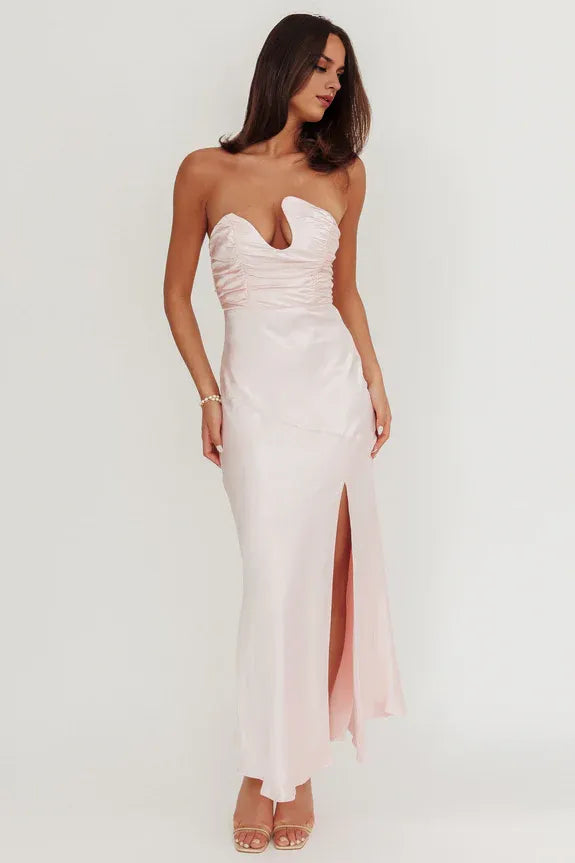 Casual Asymmetric Neckline Pleated Pink Maxi Homecoming Dress Prom Dress