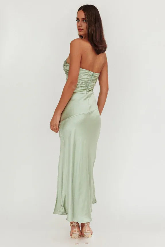 Casual Asymmetric Neckline Pleated Sage Maxi Homecoming Dress Prom Dress