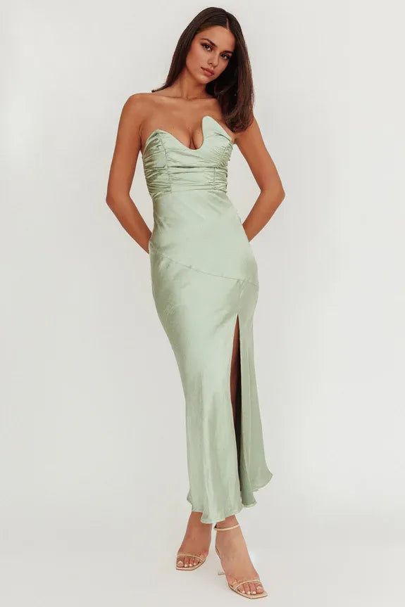 Casual Asymmetric Neckline Pleated Sage Maxi Homecoming Dress Prom Dress