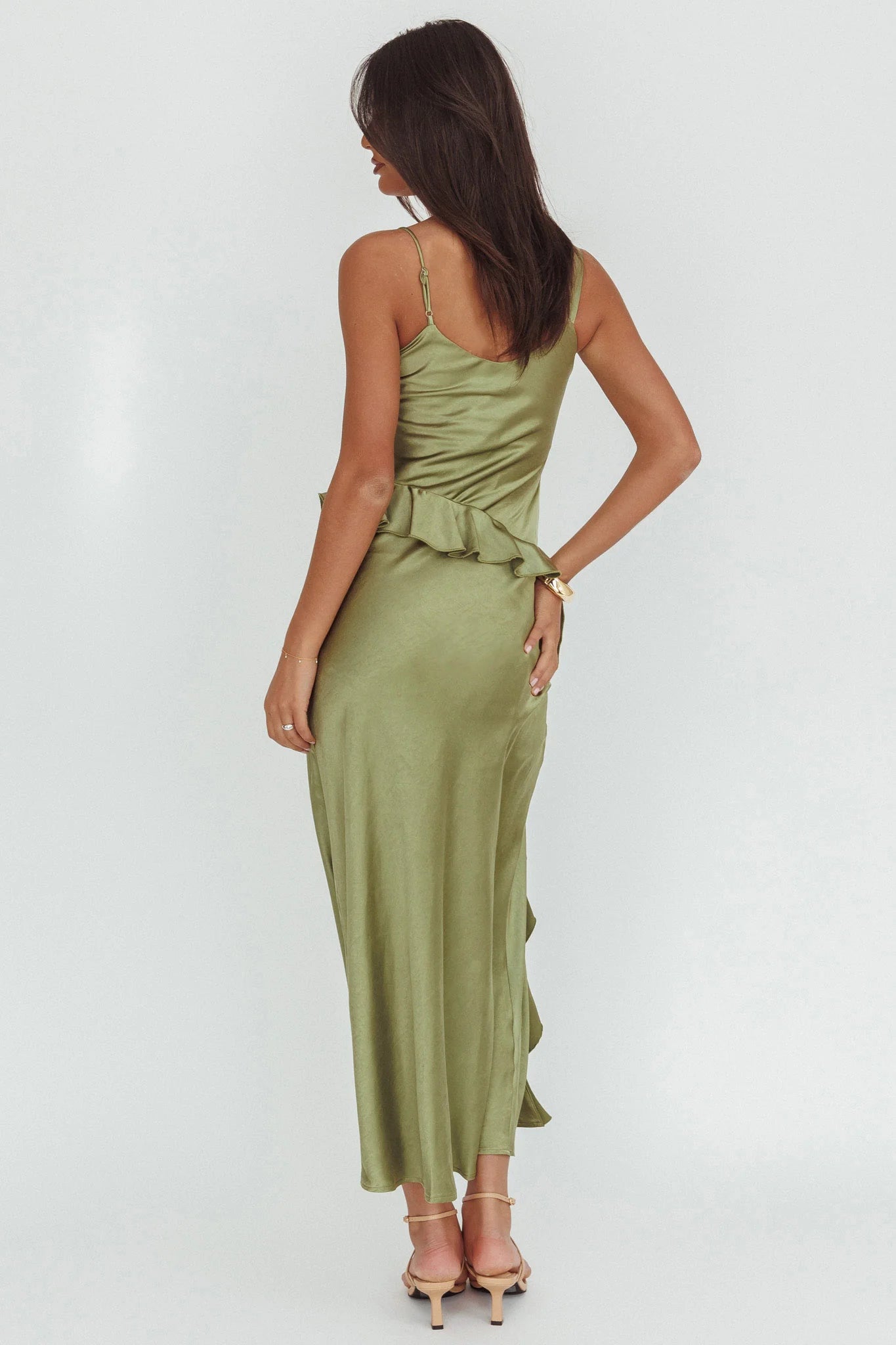 Casual Asymmetric Neckline Ruffle Olive Maxi Evening Dress For Women