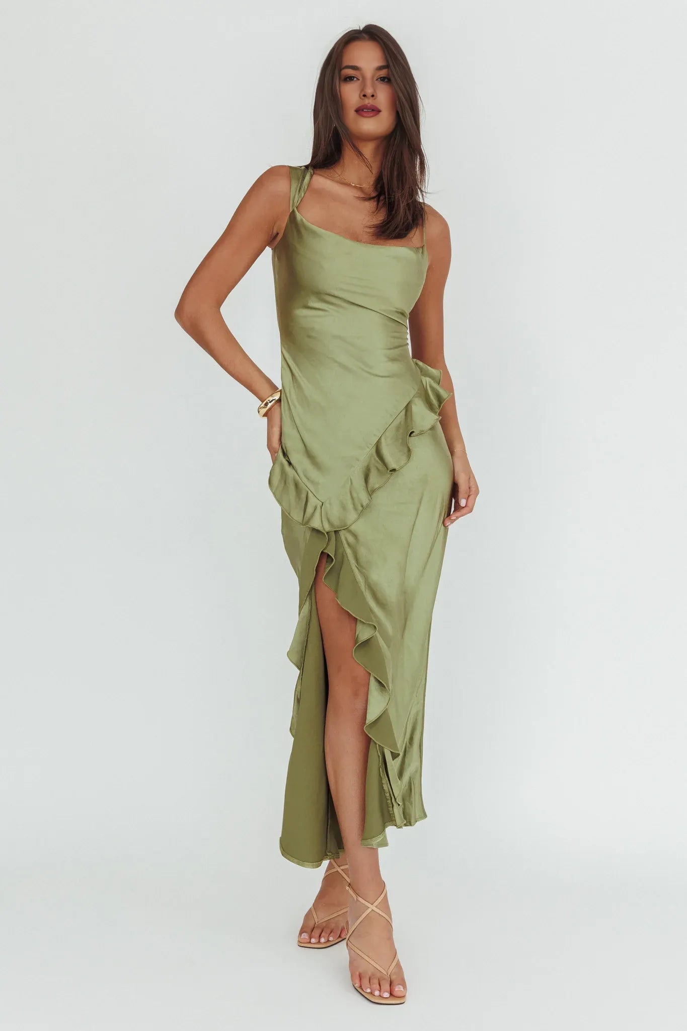 Casual Asymmetric Neckline Ruffle Olive Maxi Evening Dress For Women