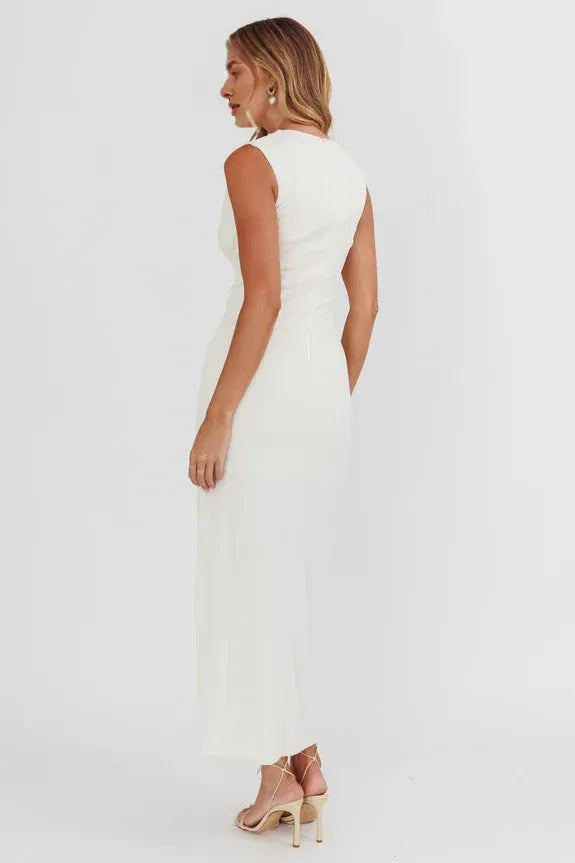 Casual Asymmetrical Neckline Vanilla Maxi Evening Dress With Slit