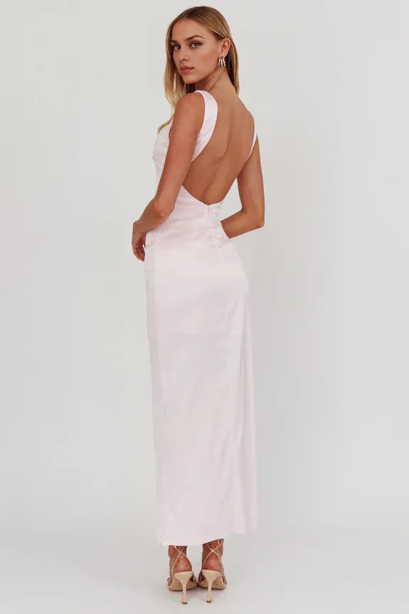 Casual Boat Neck Open Back Split Ice Pink Maxi Homecoming Dress Prom Dress