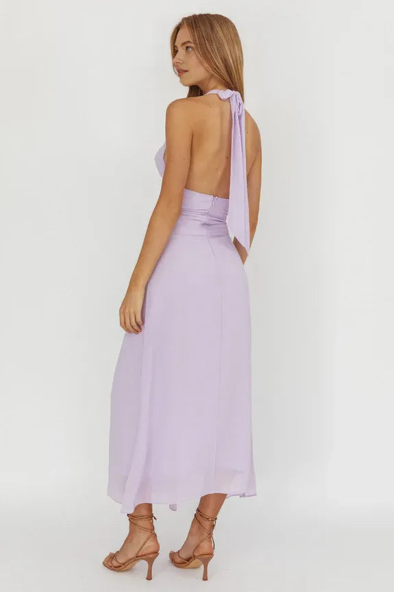 Casual Cowl Halter Neck Lilac Tea-Length Homecoming Dress Prom Dress