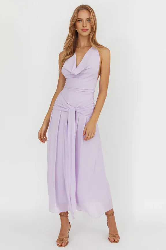 Casual Cowl Halter Neck Lilac Tea-Length Homecoming Dress Prom Dress