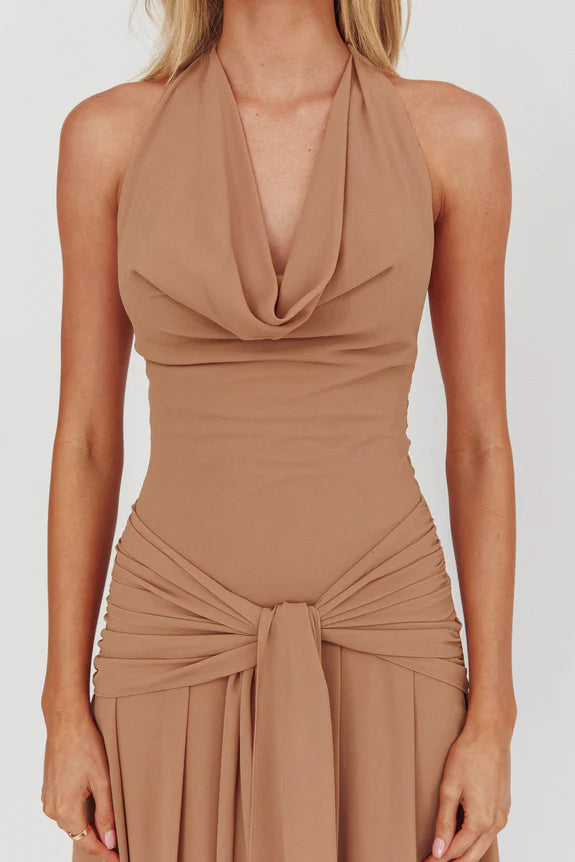 Casual Cowl Halter Neck Open Back Latte Maxi Homecoming Dress Prom Dress