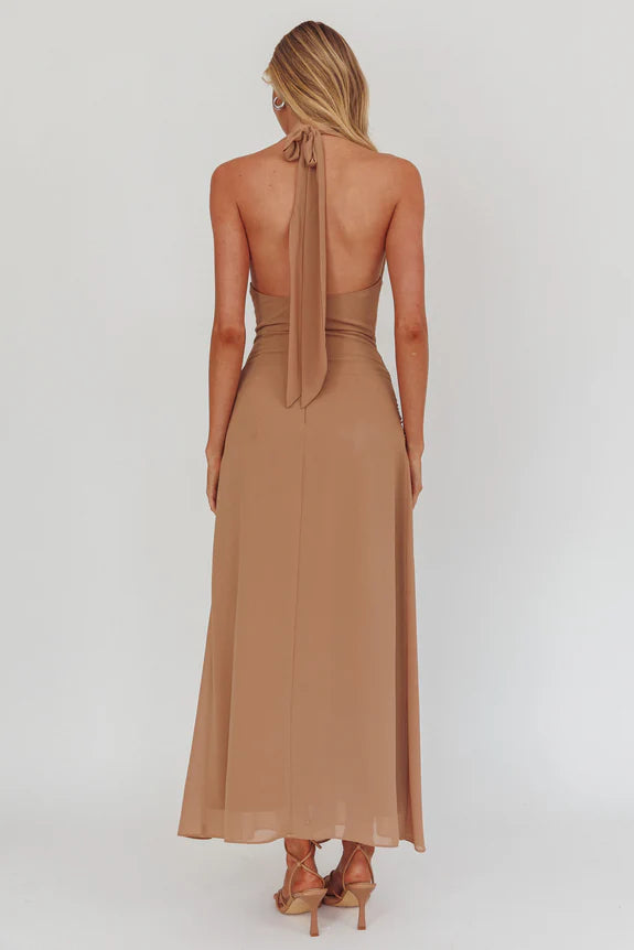 Casual Cowl Halter Neck Open Back Latte Maxi Homecoming Dress Prom Dress