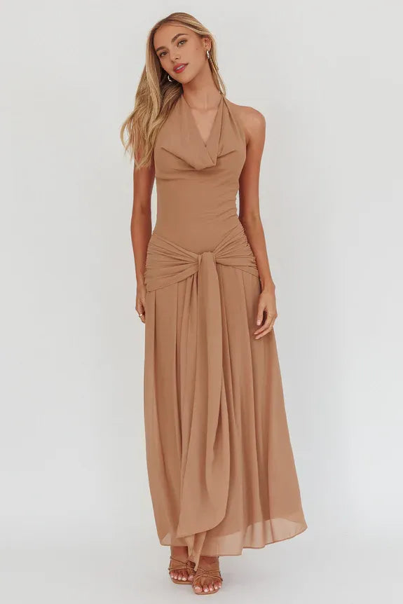 Casual Cowl Halter Neck Open Back Latte Maxi Homecoming Dress Prom Dress