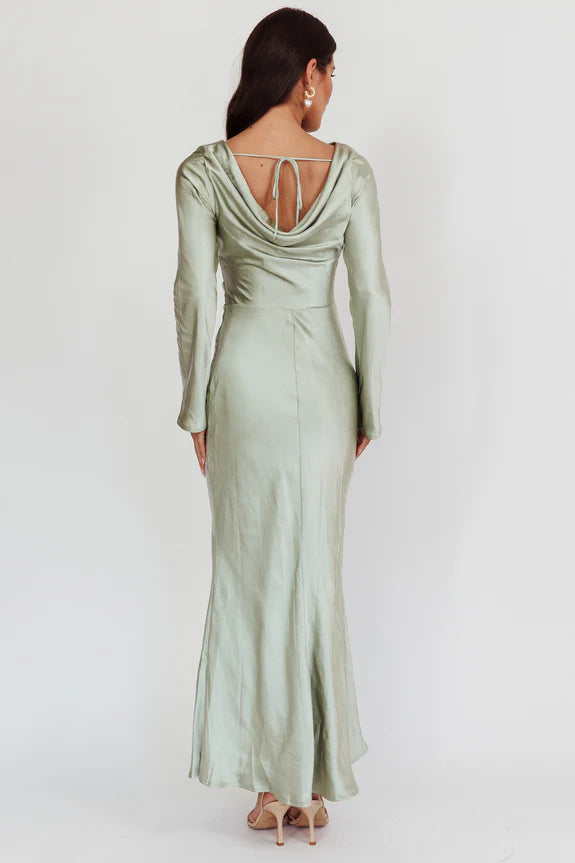 Casual Cowl Neck Long Sleeve Draped Back Pleated Satin Sage Midi Evening Dress