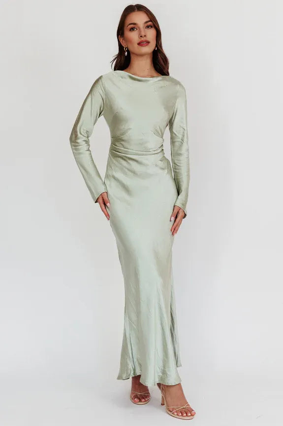 Casual Cowl Neck Long Sleeve Draped Back Pleated Satin Sage Midi Evening Dress