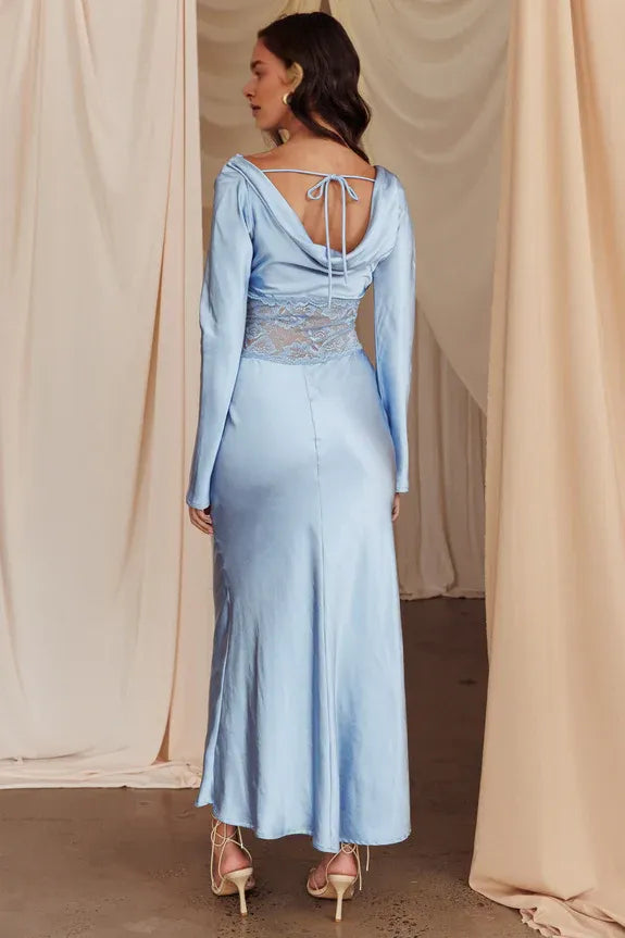 Casual Cowl Neck Long Sleeves Lace Insert Cowl Back Blue Evening Dress