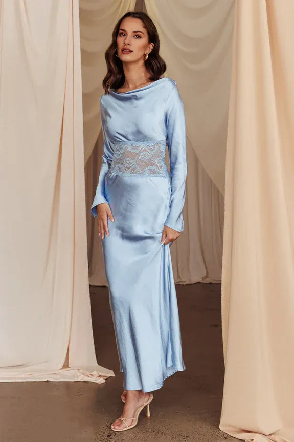 Casual Cowl Neck Long Sleeves Lace Insert Cowl Back Blue Evening Dress