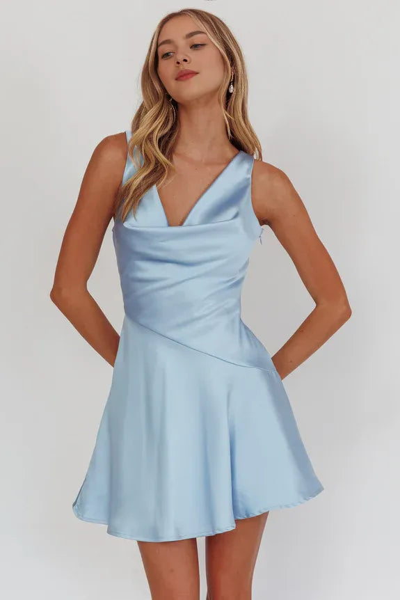 Casual Cowl Neck Sleeveless Scoop Back And Tie Blue Mini Homecoming Dress