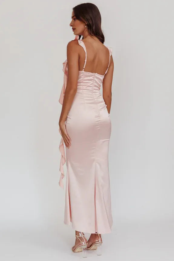 Casual Cowl Neck Slim Pleated Ruffle Trim Baby Pink Midi Evening Dress