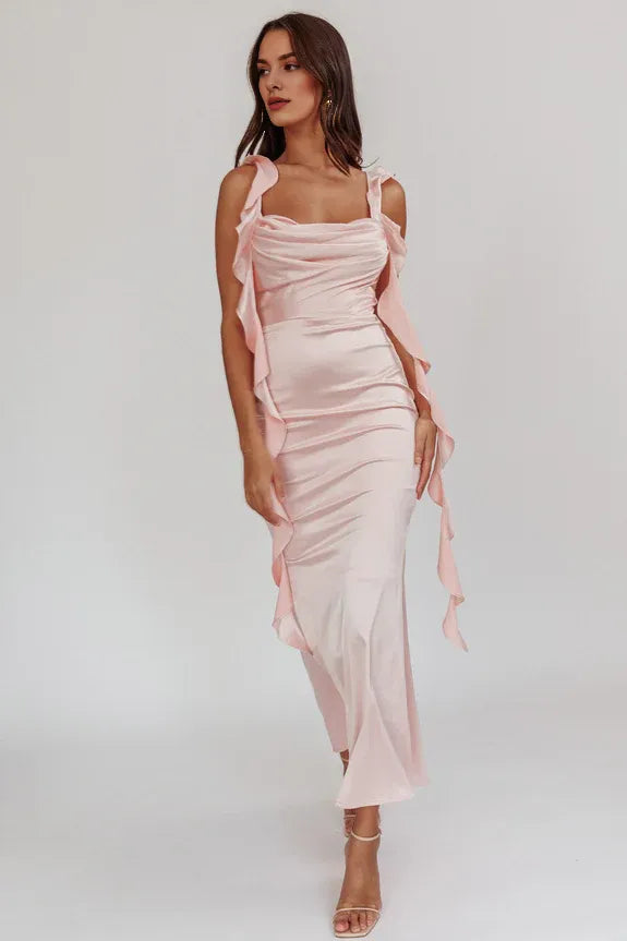 Casual Cowl Neck Slim Pleated Ruffle Trim Baby Pink Midi Evening Dress