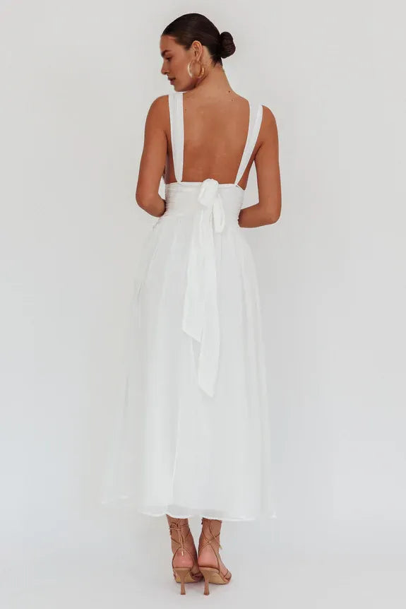 Casual Deep V Neck Ruched Waist Tied Back White Maxi Evening Dress