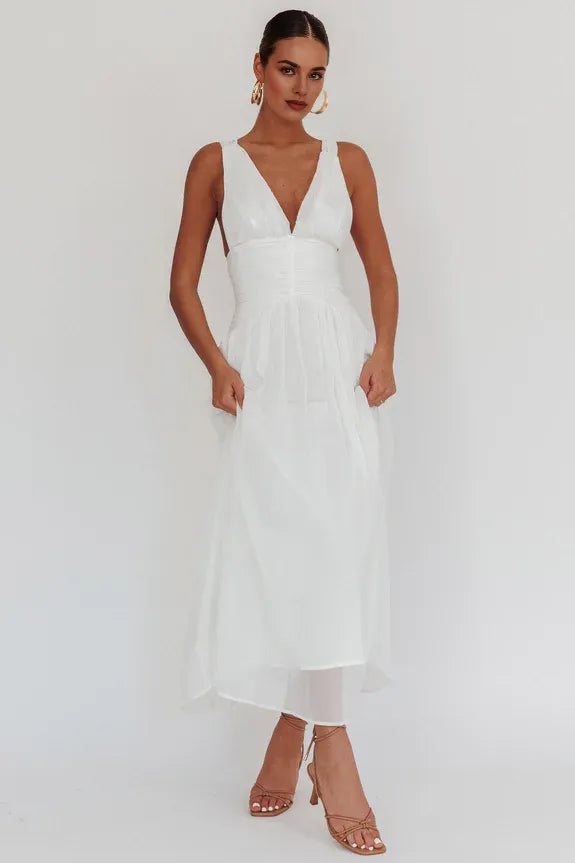 Casual Deep V Neck Ruched Waist Tied Back White Maxi Evening Dress
