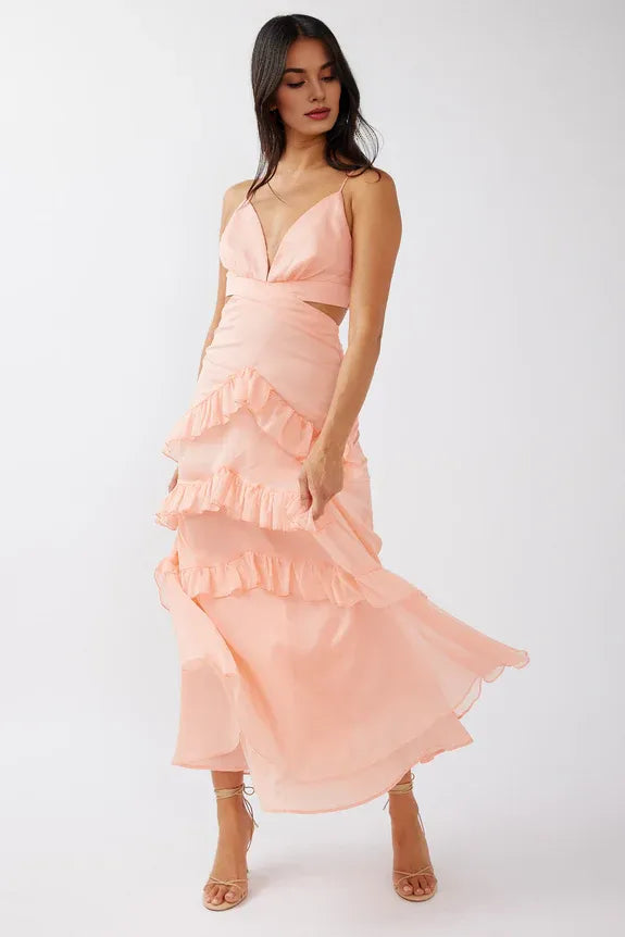 Casual Deep V Neck Ruffle Trim Cut-Out Rose Evening Dress Party Dress