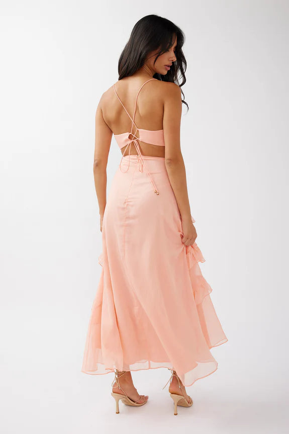 Casual Deep V Neck Ruffle Trim Cut-Out Rose Evening Dress Party Dress