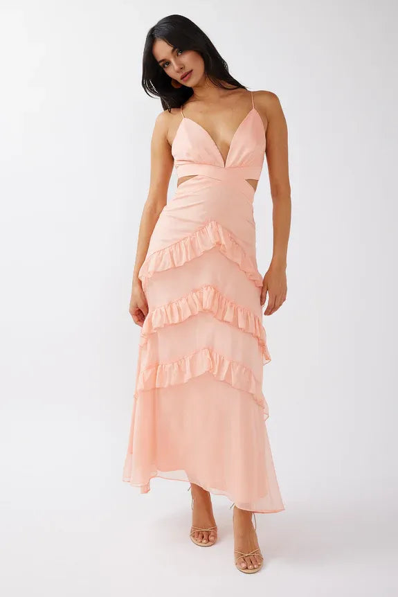 Casual Deep V Neck Ruffle Trim Cut-Out Rose Evening Dress Party Dress