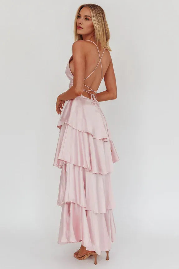 Casual Deep V Neck Tiered Frill Strappy Back Satin Blush Evening Dress