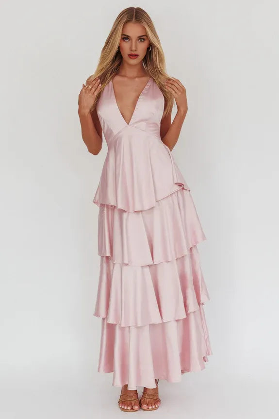 Casual Deep V Neck Tiered Frill Strappy Back Satin Blush Evening Dress