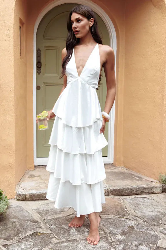 Casual Deep V Neck Tiered Frill Strappy Back Satin Ivory Evening Dress
