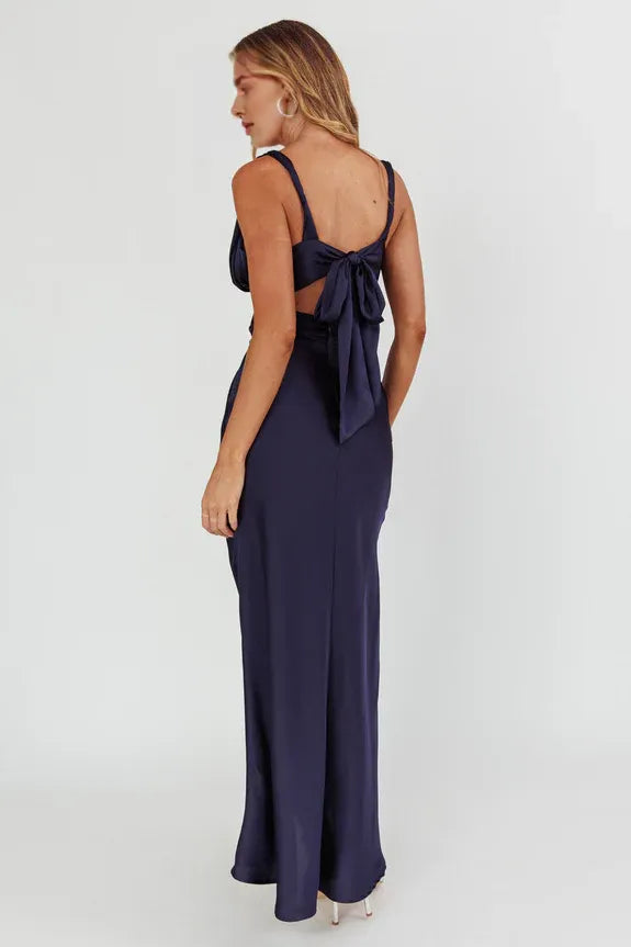 Casual Elegant Cut-Out Bow Back Navy Maxi Evening Dress For Women
