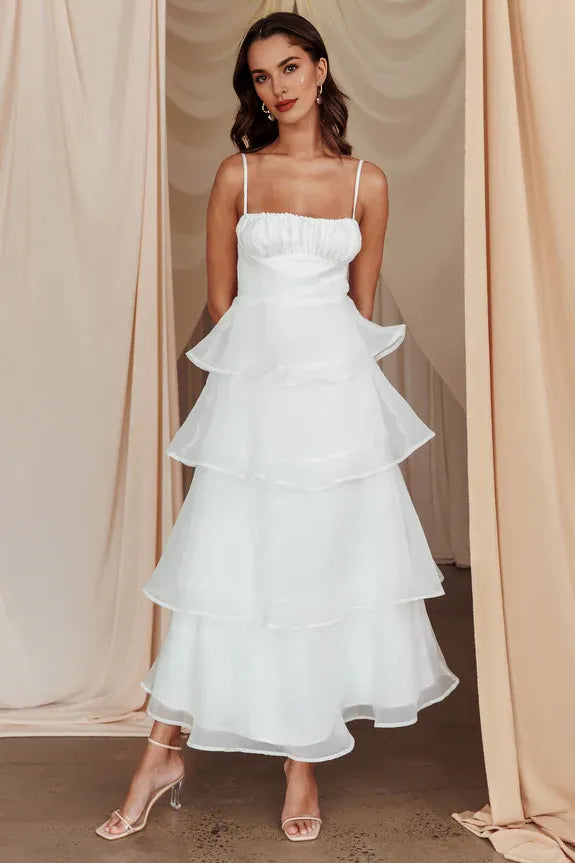 Casual Elegant Spaghetti Straps Tiered Layered White Midi Evening Dress