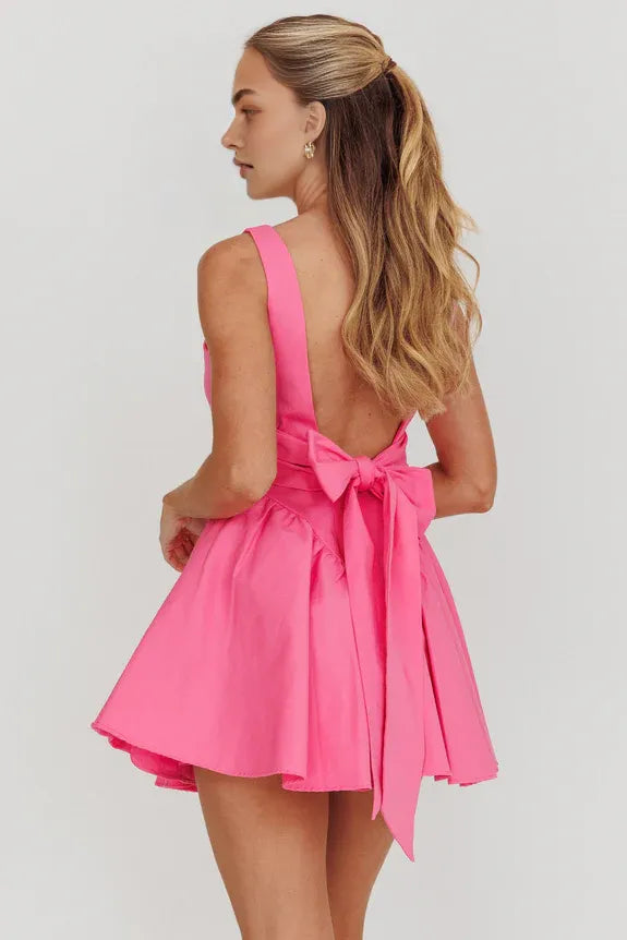 Casual Flared Square Neck Fuchsia Mini Homecoming Dress With Back Bow