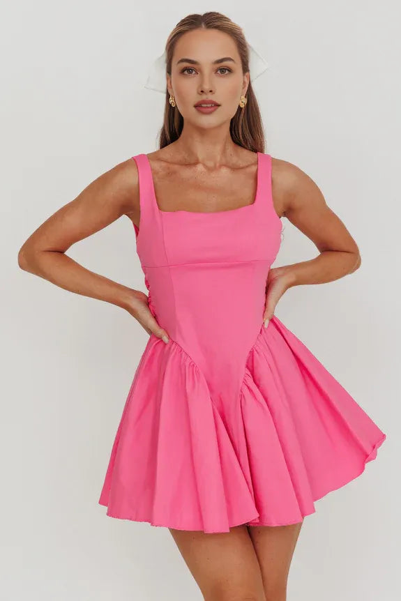 Casual Flared Square Neck Fuchsia Mini Homecoming Dress With Back Bow