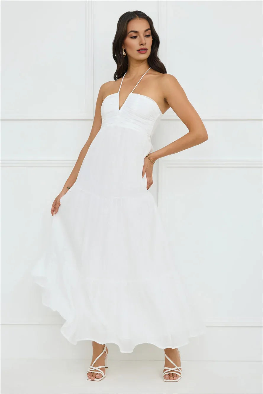 Casual Flowy A-line Halter Pleated White Maxi Prom Dress For Women