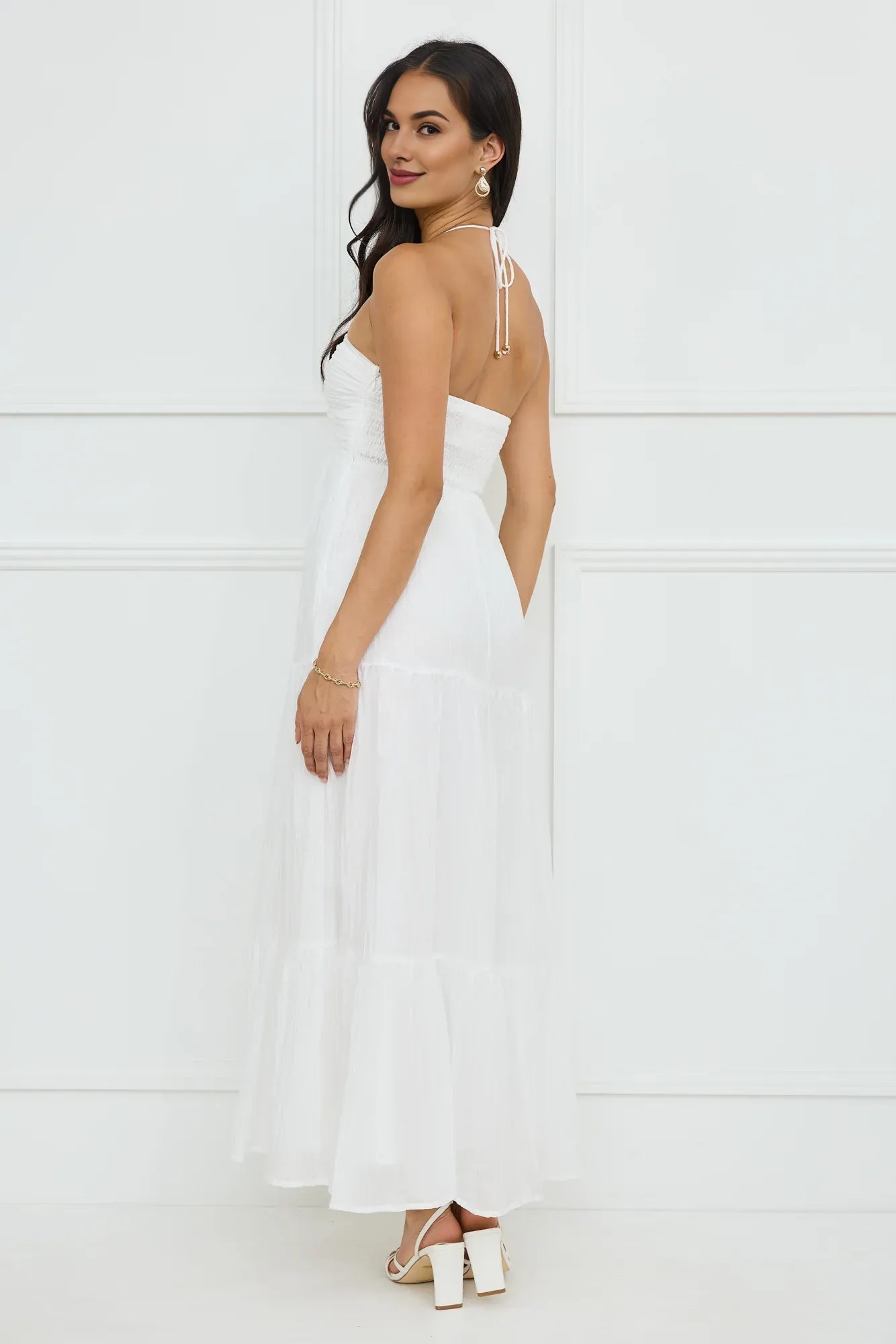 Casual Flowy A-line Halter Pleated White Maxi Prom Dress For Women