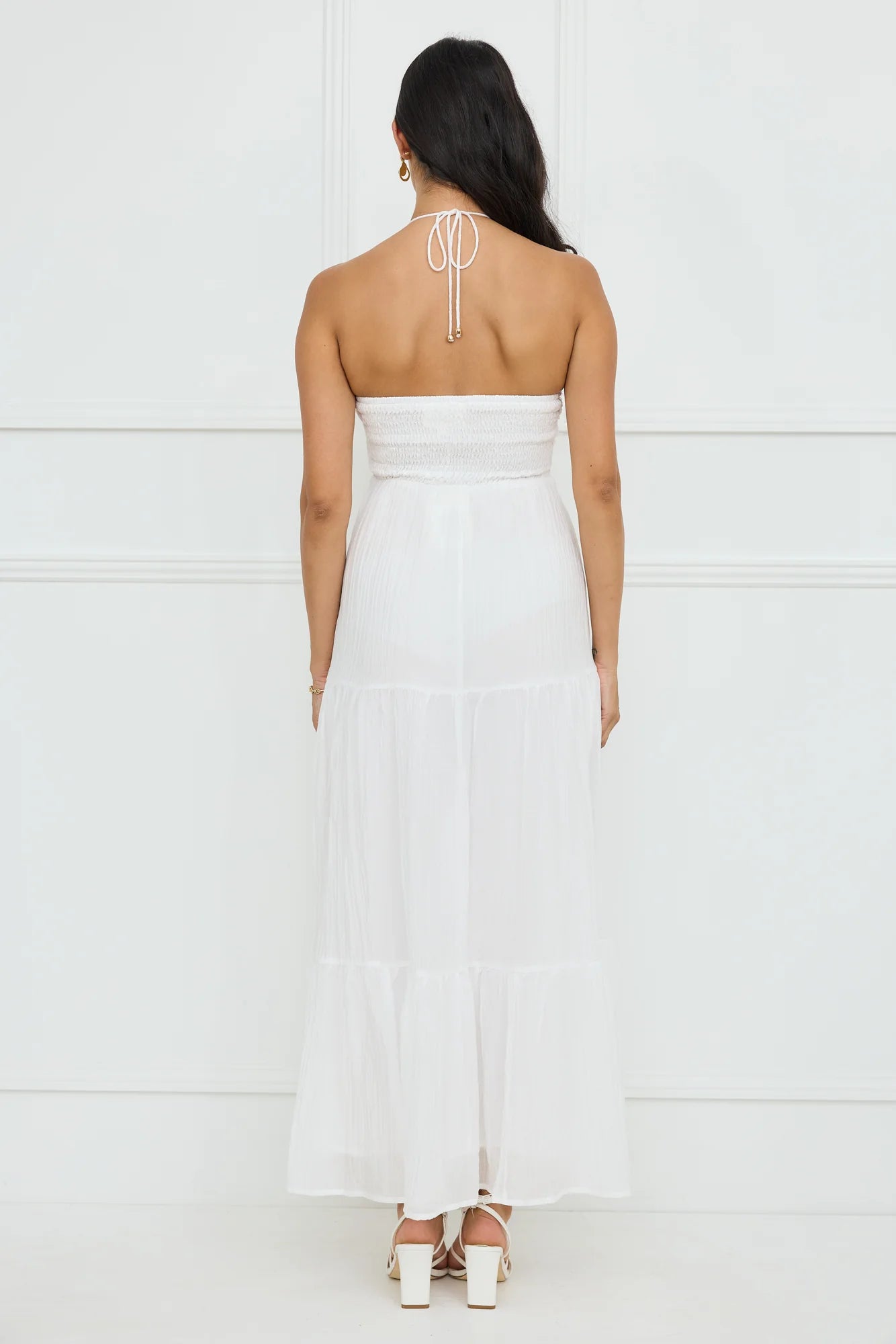 Casual Flowy A-line Halter Pleated White Maxi Prom Dress For Women