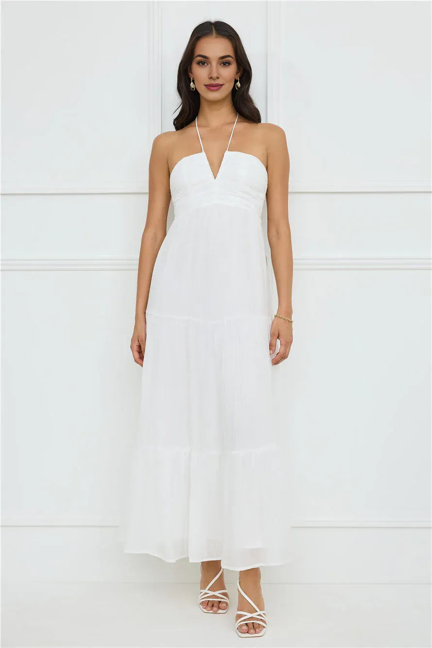 Casual Flowy A-line Halter Pleated White Maxi Prom Dress For Women