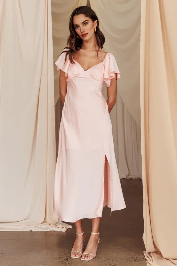 Casual Flutter Sleeve Side Split Blush Midi Evening Dress For Women