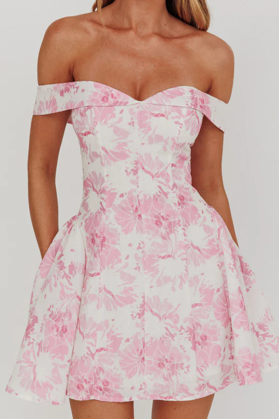 Casual Foldover Neck Off-Shoulder Floral Pink Mini Homecoming Dress