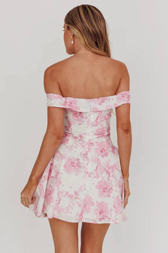 Casual Foldover Neck Off-Shoulder Floral Pink Mini Homecoming Dress